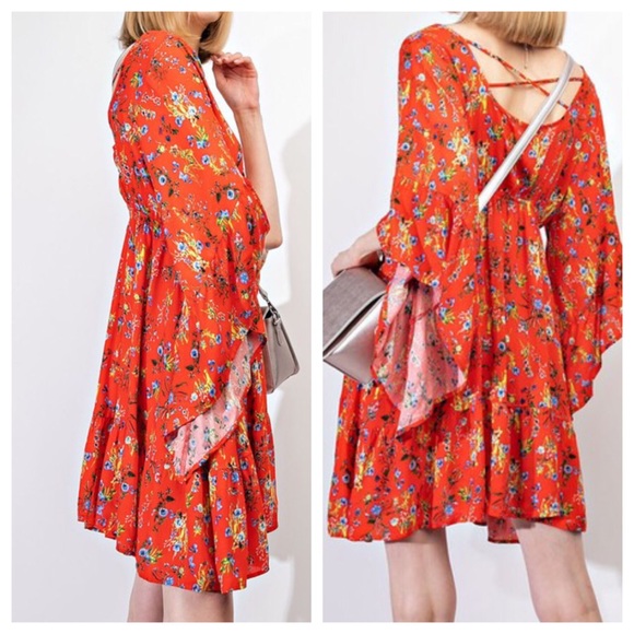 NWT Easel Floral Boho Sunset Vibes Red Dress - Picture 3 of 8